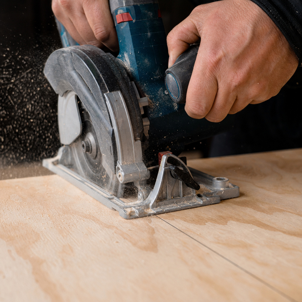 Close-up of a plunge cut technique using a circular saw on plywood.