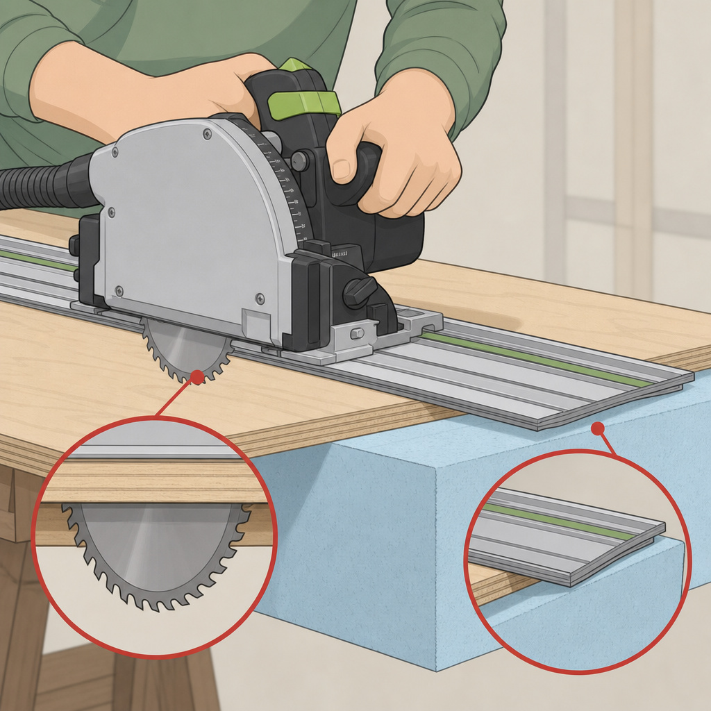Common track saw mistakes like unsupported track and excessive blade depth