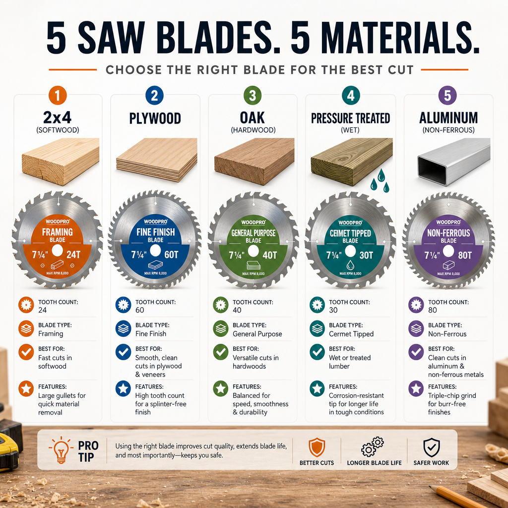 Circular saw blade selection guide for wood, plywood, hardwood, and metal.