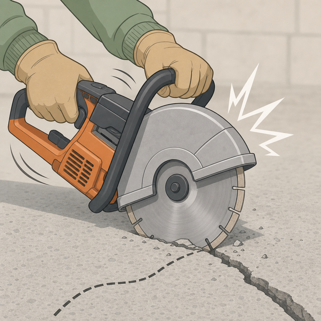 Circular saw blade binding and kicking back while cutting cracked concrete