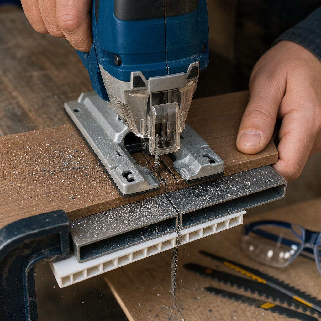 Jigsaw cutting through wood, metal, and plastic materials in a workshop.
