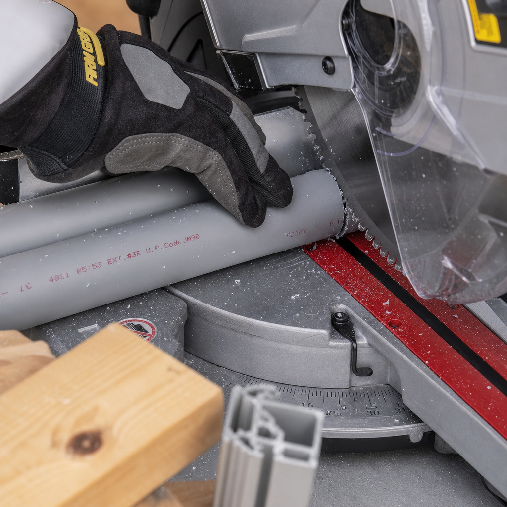 Chop saw cutting PVC conduit with a fine-tooth blade on a workbench.