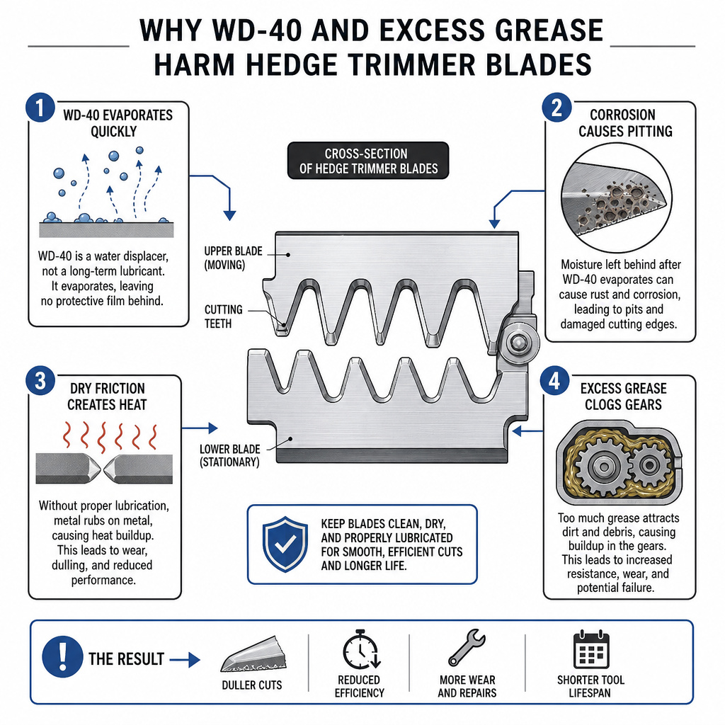 Diagram showing the damaging effects of wrong lubricants on hedge trimmer blades.