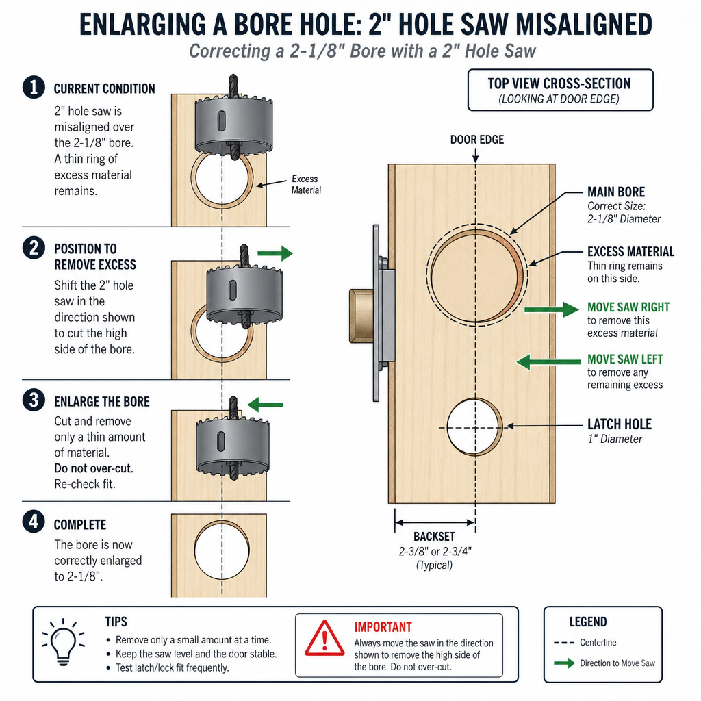 Diagram showing how to correct a misaligned door handle hole with a hole saw.