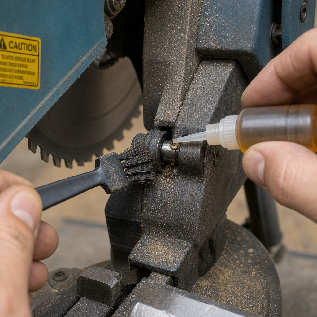 Close-up of cleaning and lubricating a stuck chop saw lock pin.