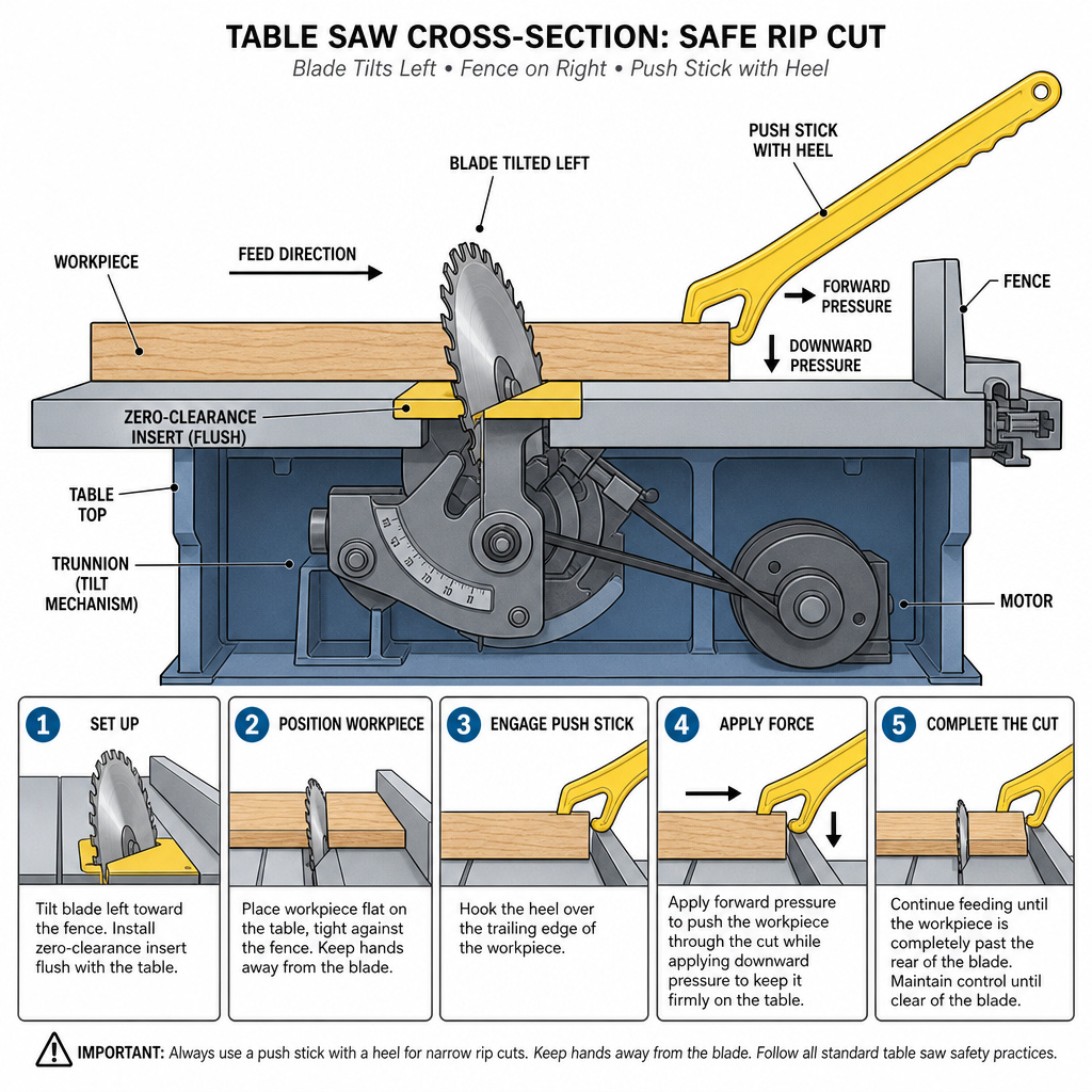 Diagram of left-tilt blade cutting with right-side fence and safety push stick.