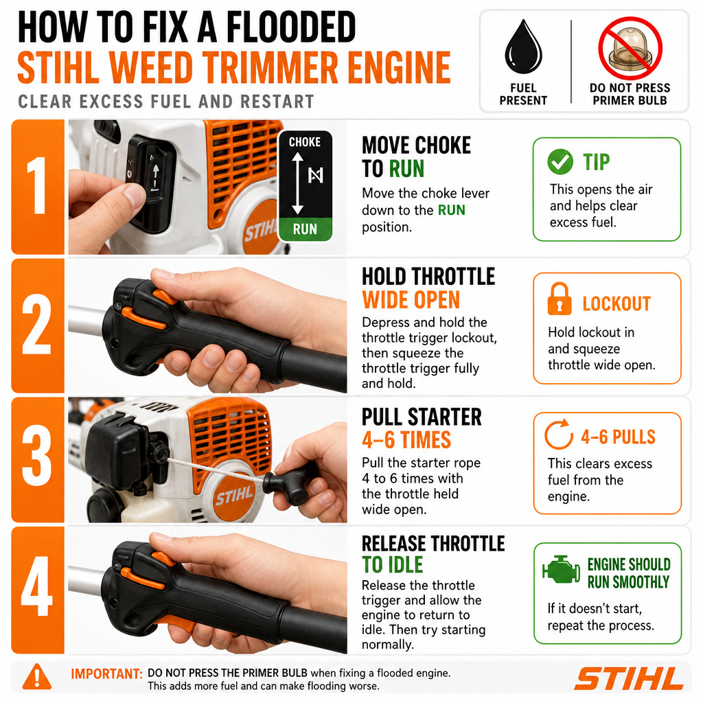 Steps to clear a flooded engine on a STIHL string trimmer.