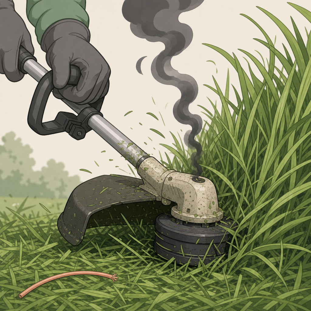 Weed wacker bogging down and smoking while cutting overgrown lawn grass.