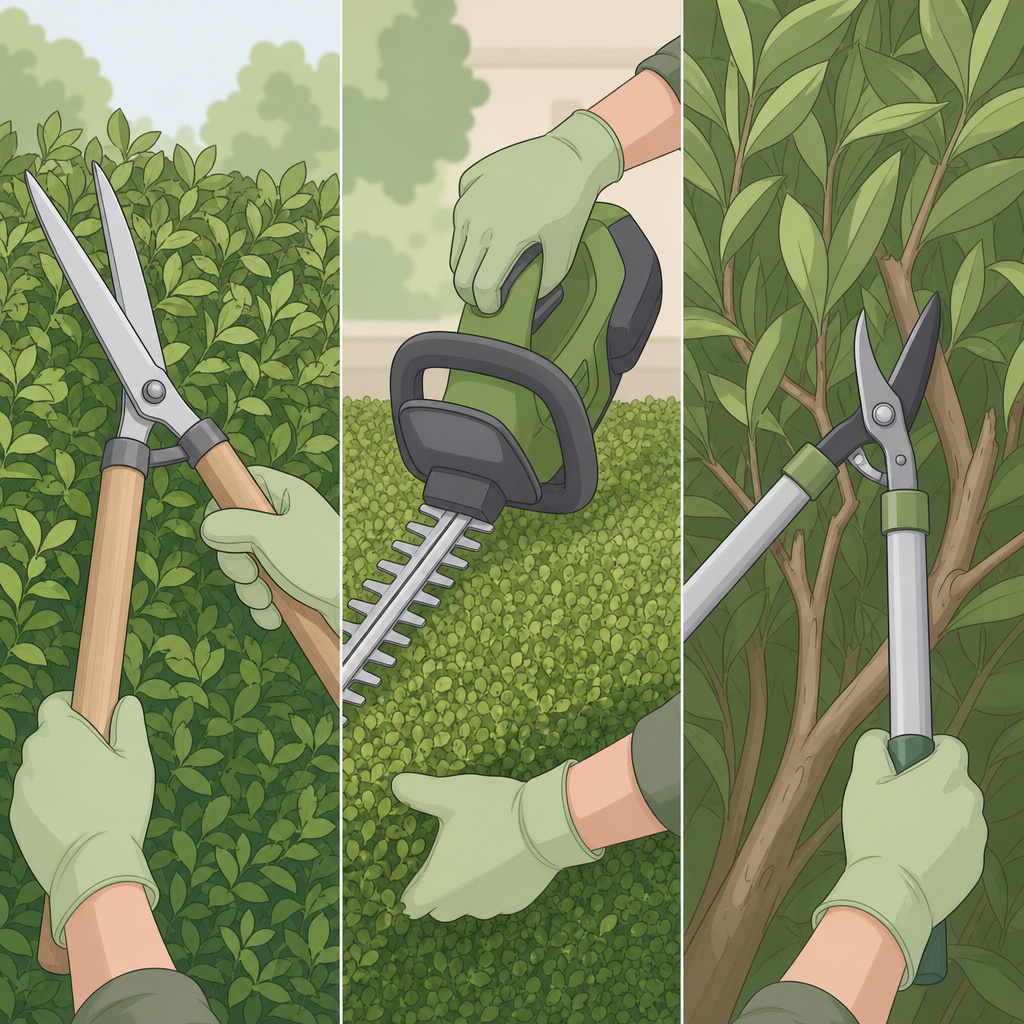 ** **infographic hedge type comparison chart best trimming tool technique guide formal informal conifer large-leaf****