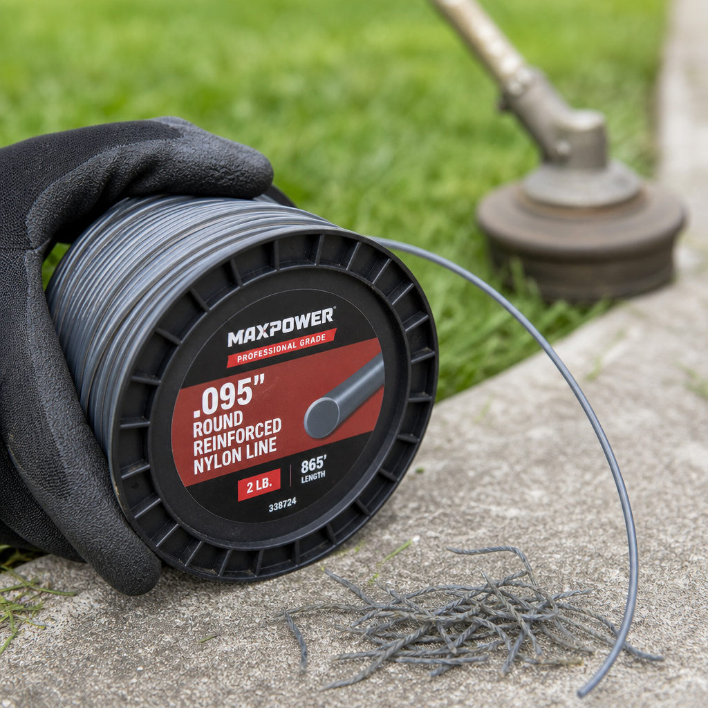 Close-up comparison of durable round trimmer line versus worn line for edging.