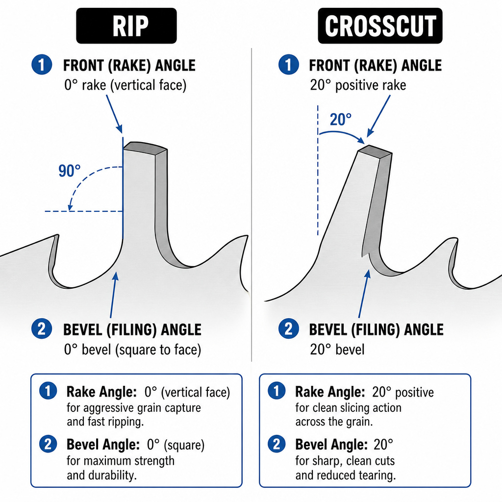 Diagram comparing rip saw and crosscut saw tooth angles for sharpening.