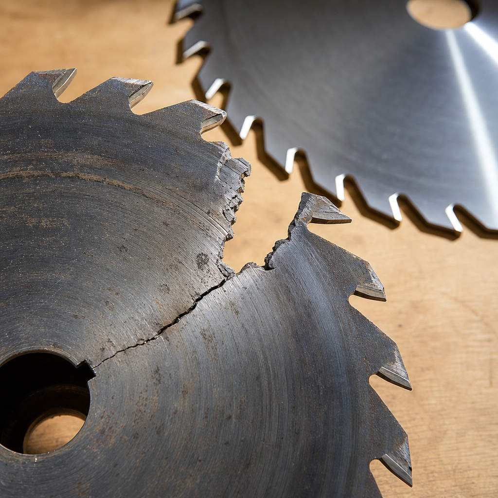 Close-up of a cracked and chipped table saw blade requiring replacement.