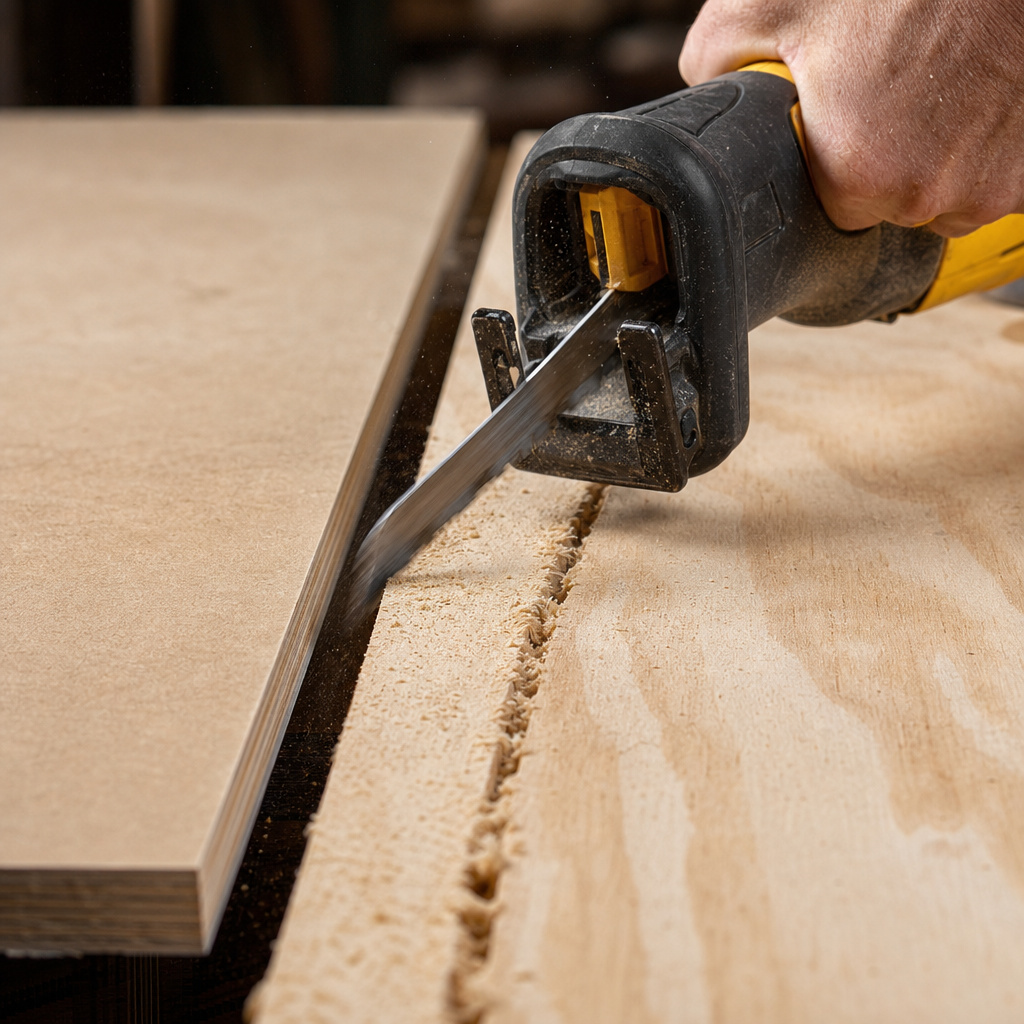 Saber saw flexing during long cut, showing rough edge versus smooth circular saw cut.