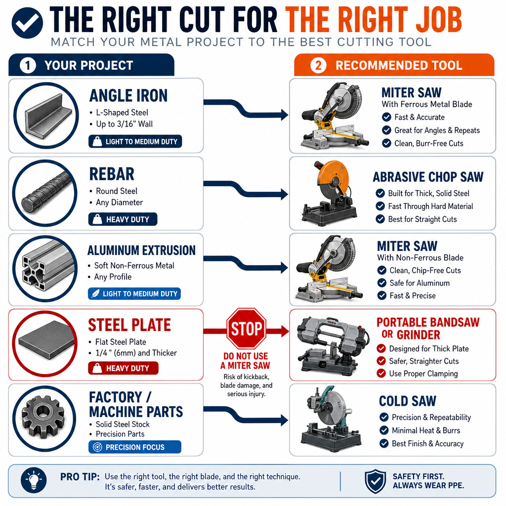 Tool selection infographic for cutting steel versus other metals with a miter saw.