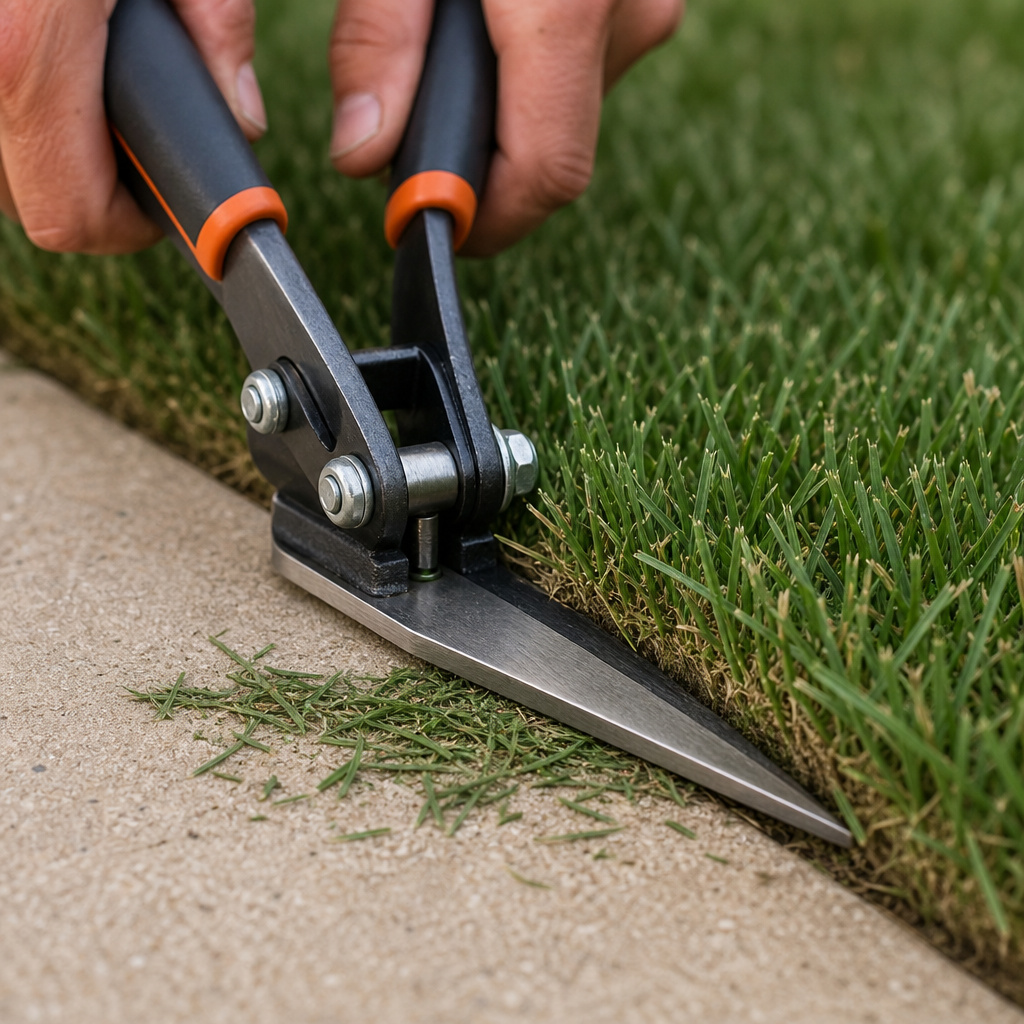 Close-up of manual lawn edging shears cutting grass against sidewalk