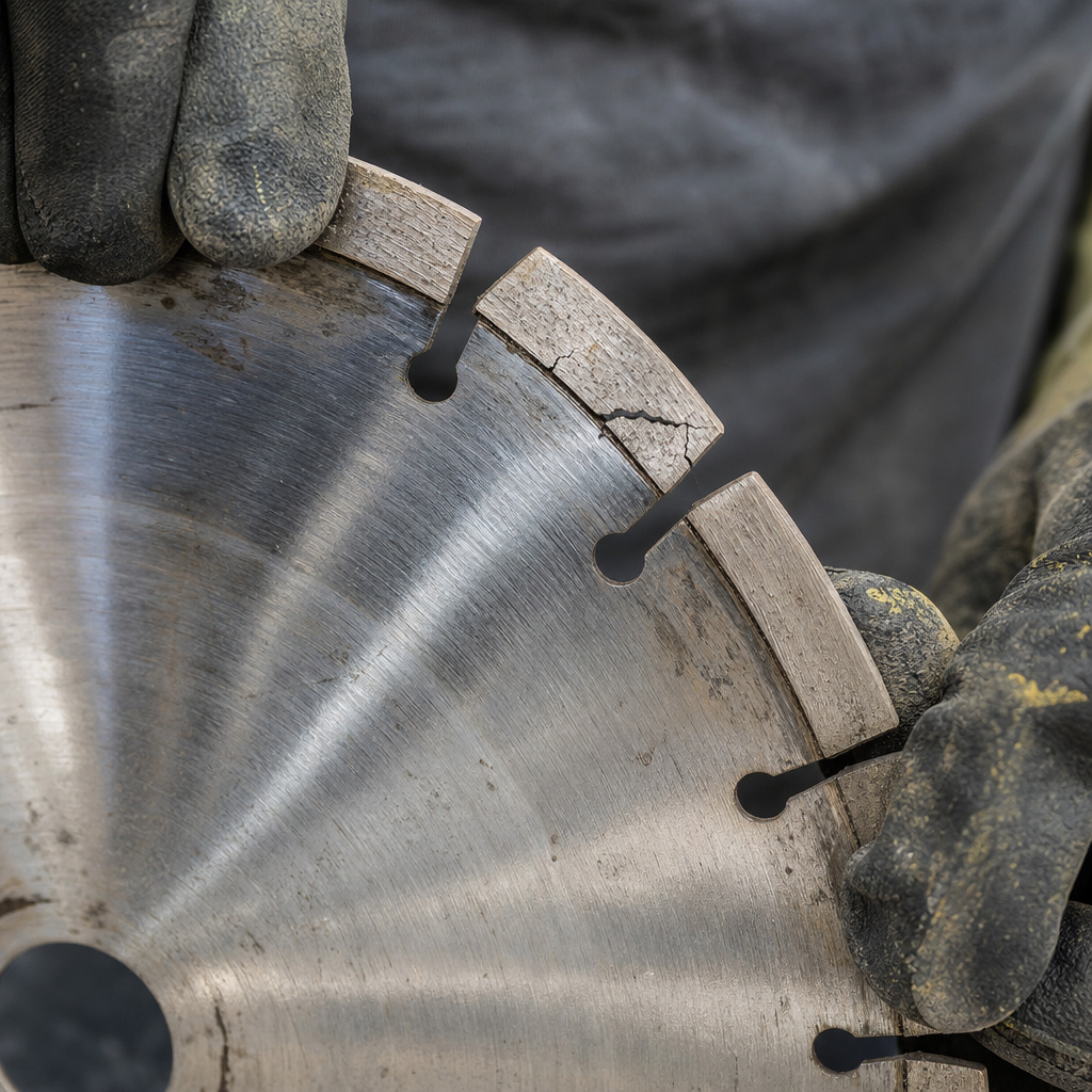 Close-up of a diamond blade with worn segments, cracks, and warping.