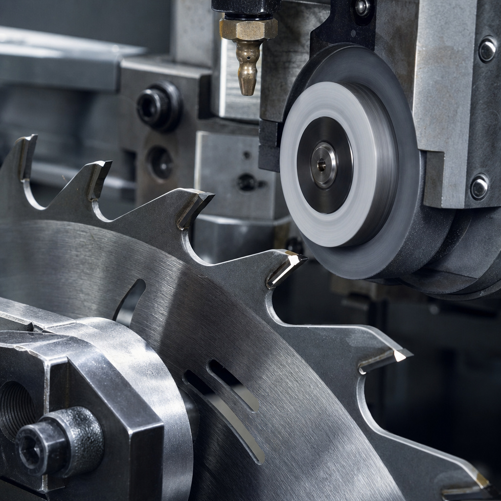 CNC machine professionally sharpening a carbide table saw blade.