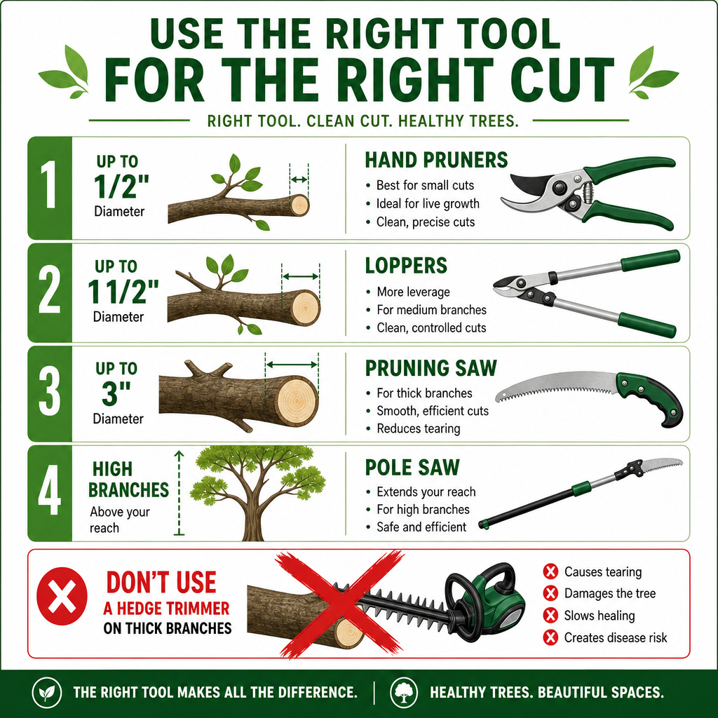 Infographic showing correct tools for cutting branches, not a hedge trimmer.