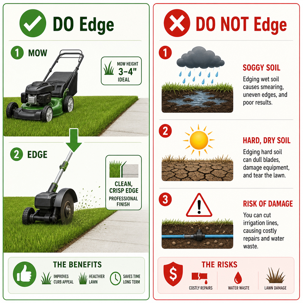 When and when not to use a lawn edger, proper timing and conditions infographic.