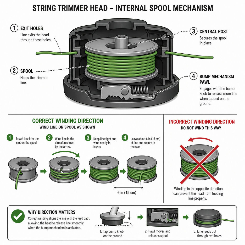 Diagram of correct and incorrect trimmer line winding direction on spool