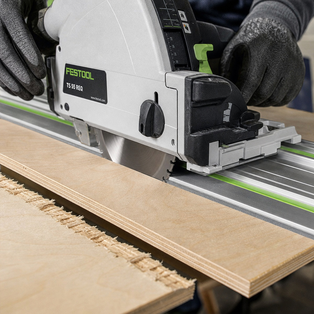 Track saw blade comparison cutting plywood versus melamine.
