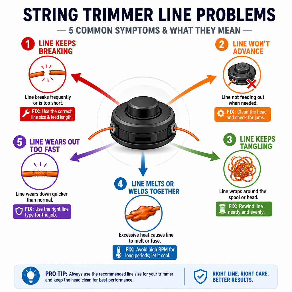 Troubleshooting infographic for common new trimmer line failures and fixes.