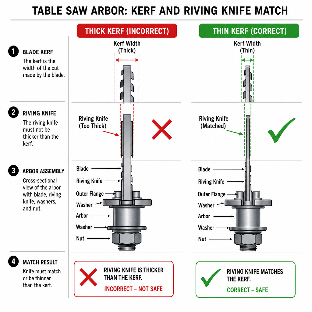 Diagram comparing thick vs thin kerf table saw blades and riving knife alignment.