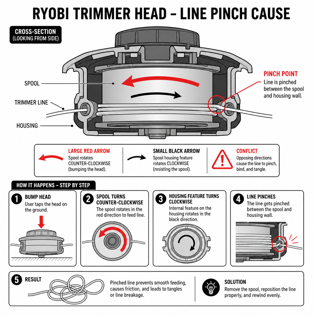 Diagram of incorrect line winding causing a jam in trimmer head spool.