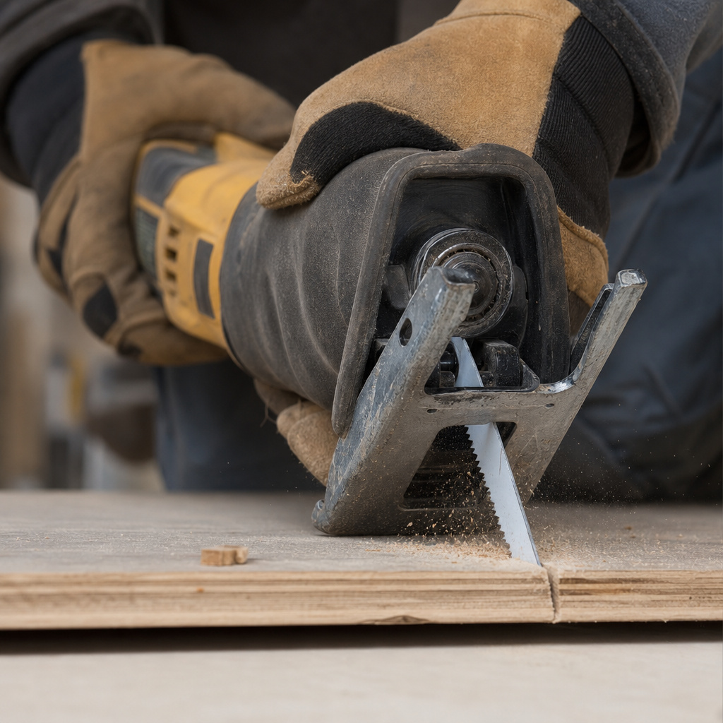 Saber saw baseplate not sitting flat on wood, causing a beveled cut.