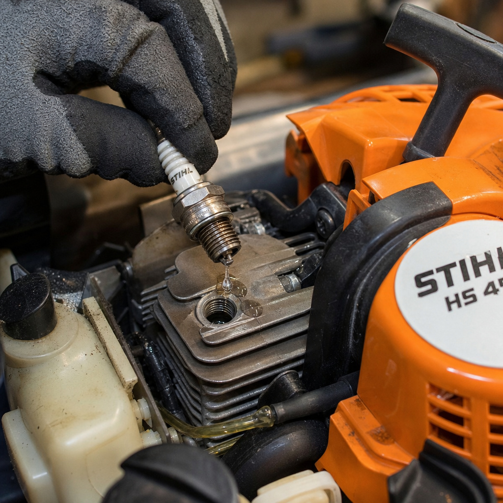 Fixing a flooded STIHL hedge trimmer by removing the wet spark plug.