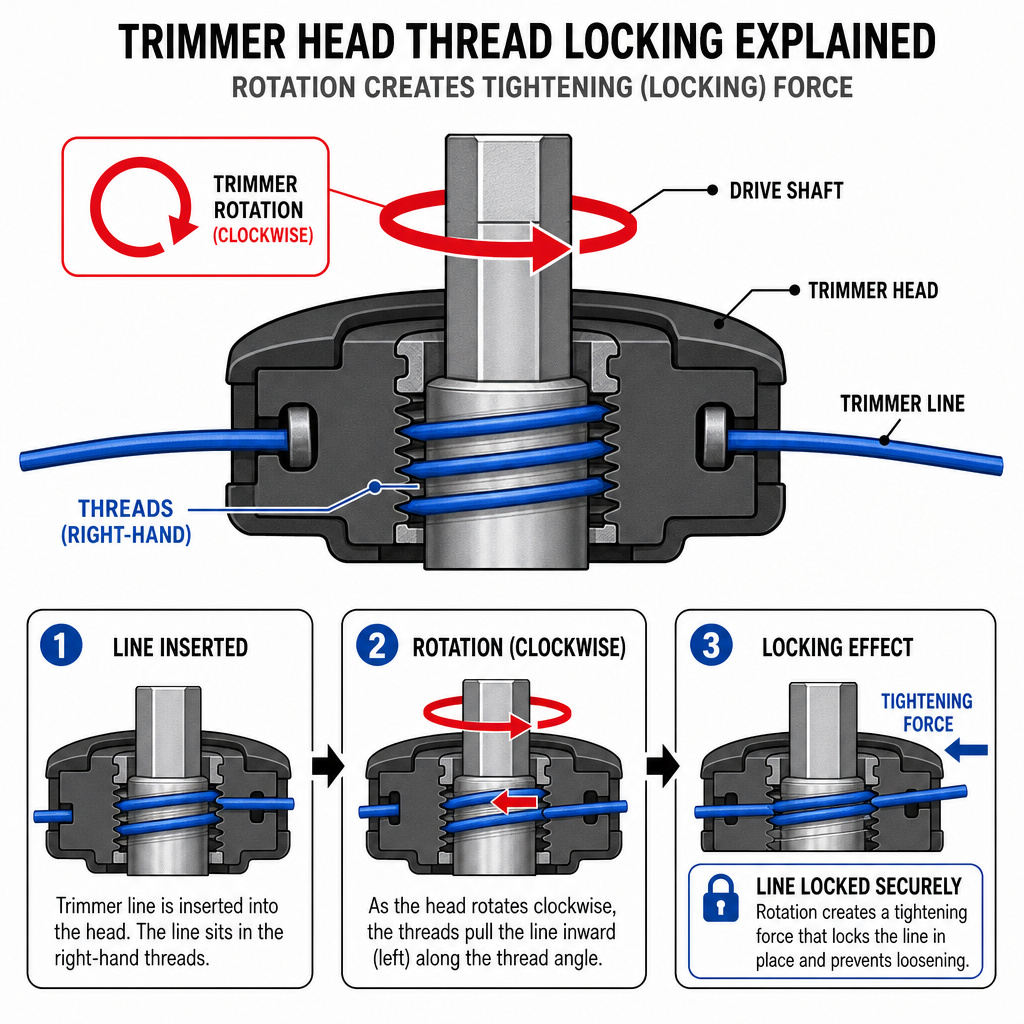Diagram showing how trimmer rotation direction locks or loosens the threaded head.