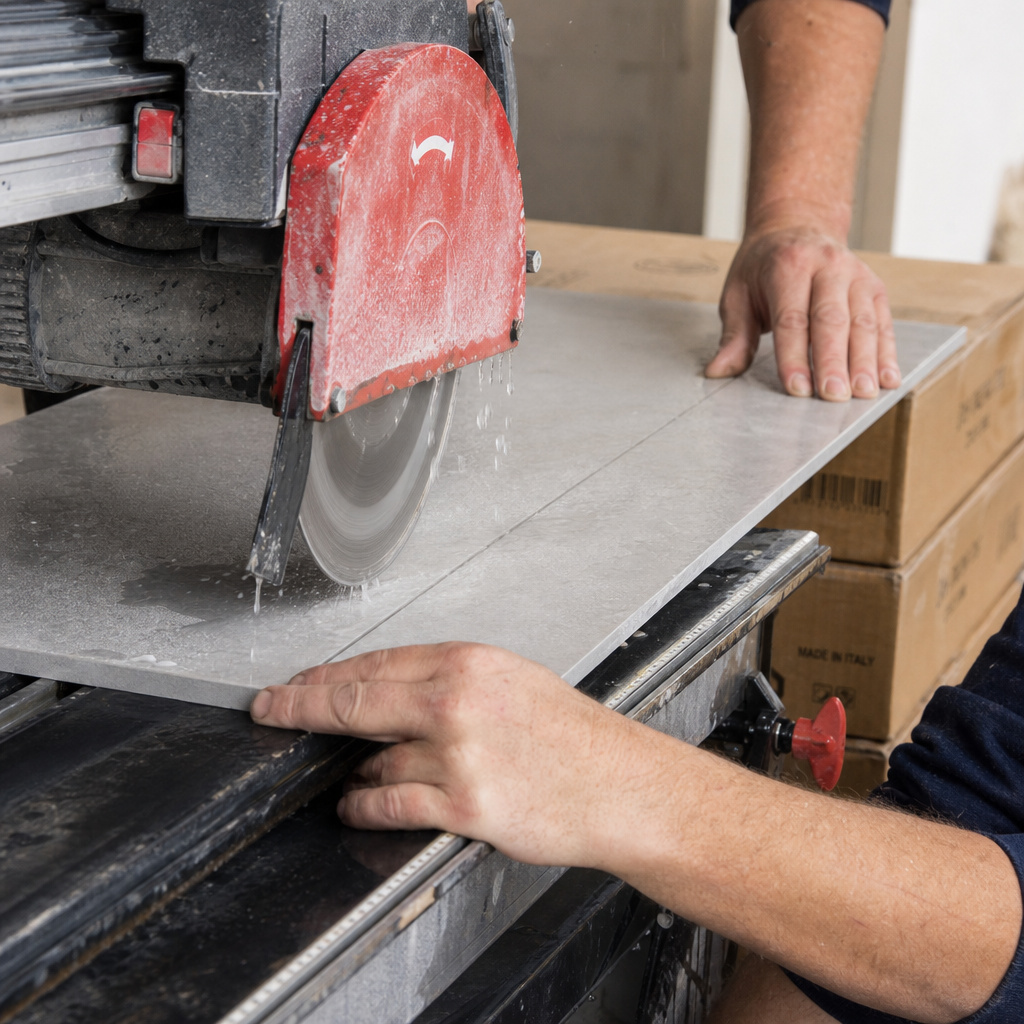 Using a wet saw with outfeed support to cut a large-format tile.