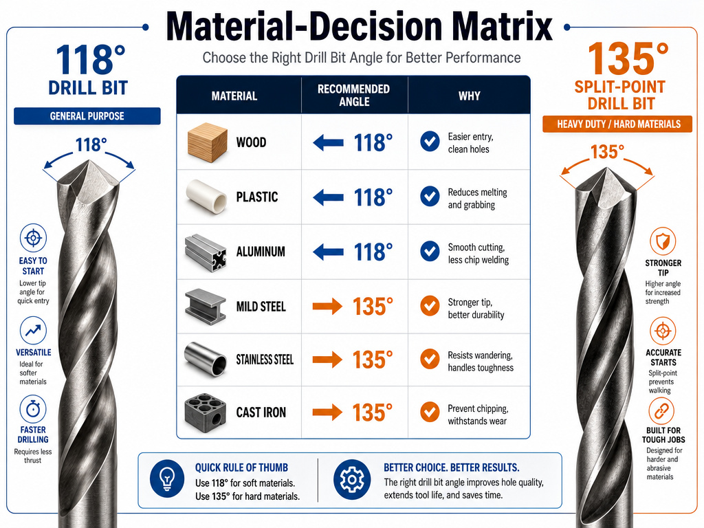 118 vs 135 degree drill bit selection chart for different materials