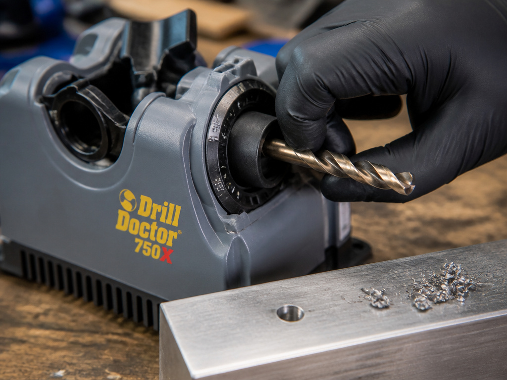 Drill Doctor 750X sharpening a 135-degree drill bit for stainless steel.