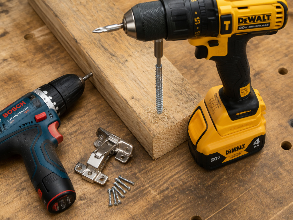 Comparison of a compact 12V drill and a powerful 20V drill on a workbench.
