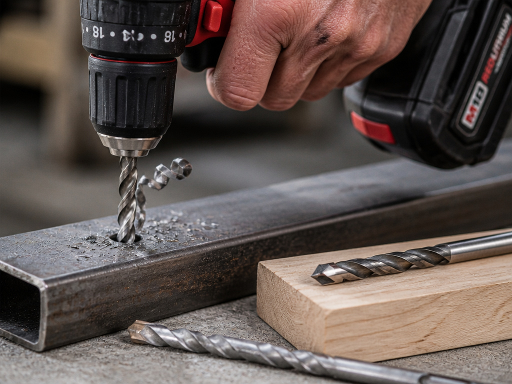 Common drill bit types shown in use on metal, wood, and concrete.