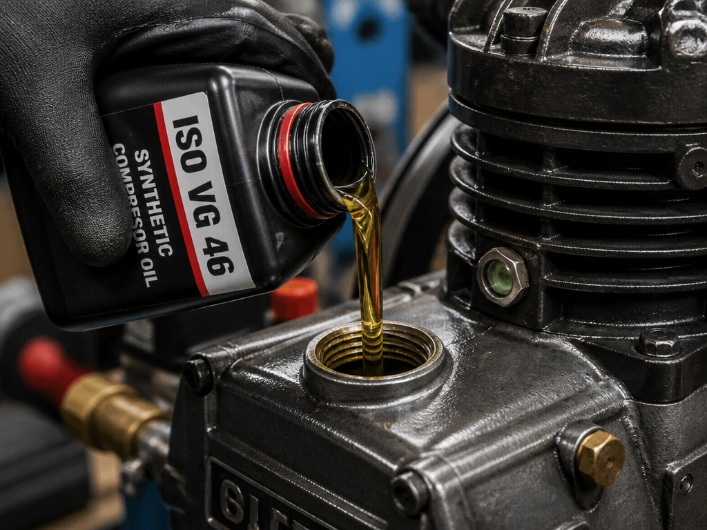 Synthetic compressor oil ISO VG 46 being poured into an air pump.