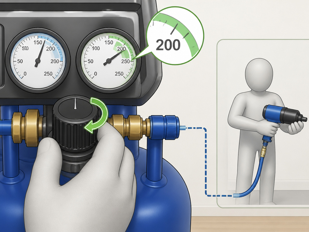 Adjusting the regulator knob on a Kobalt air compressor to increase tool pressure.