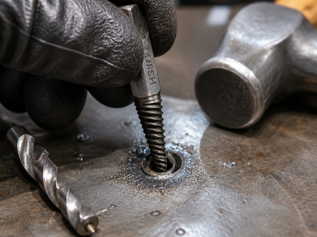Using a screw extractor to remove a broken drill bit from metal.