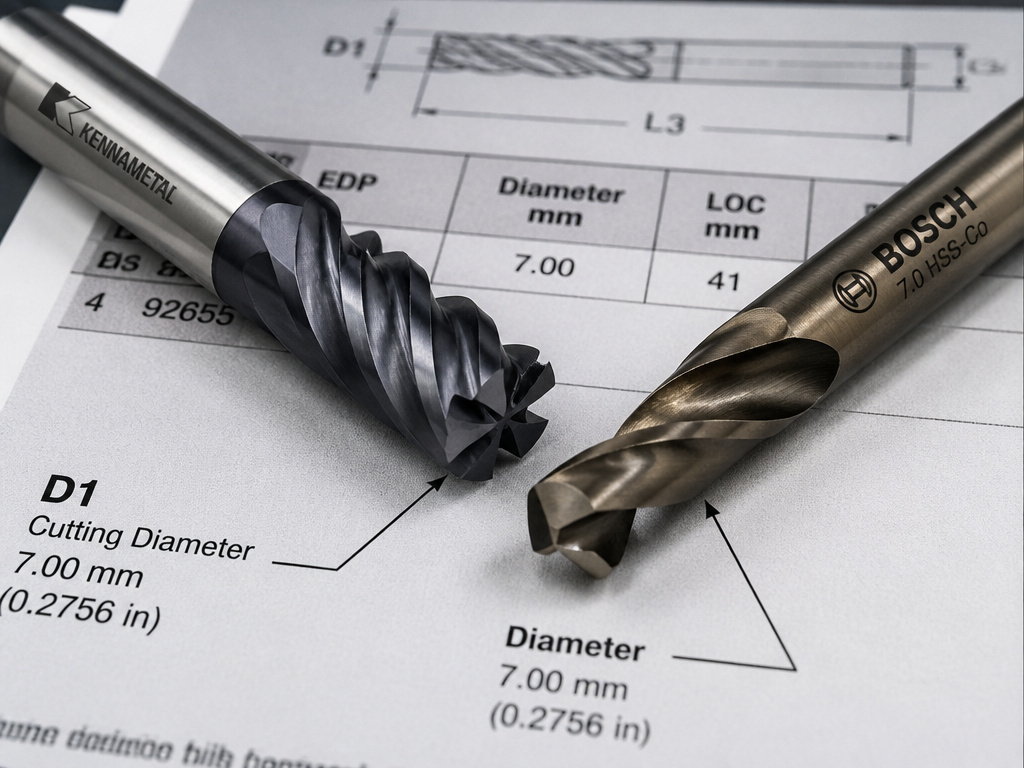 End mill and drill bit side-by-side with labeled specifications and key features.