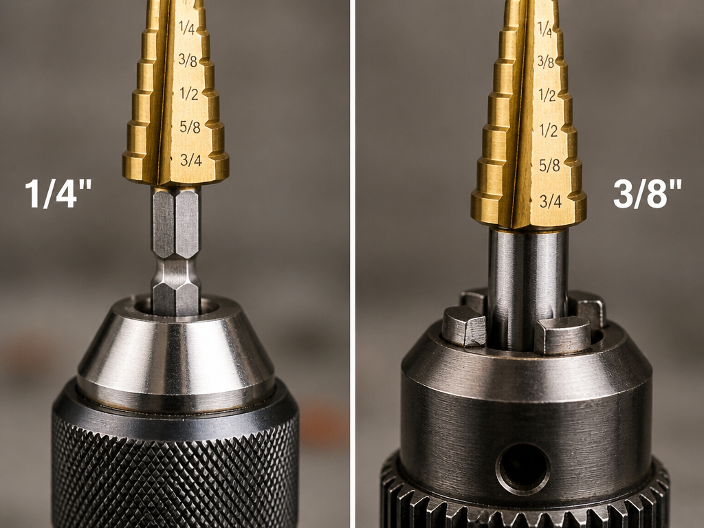 Comparison of hex shank vs round shank for step drill bit tool compatibility.