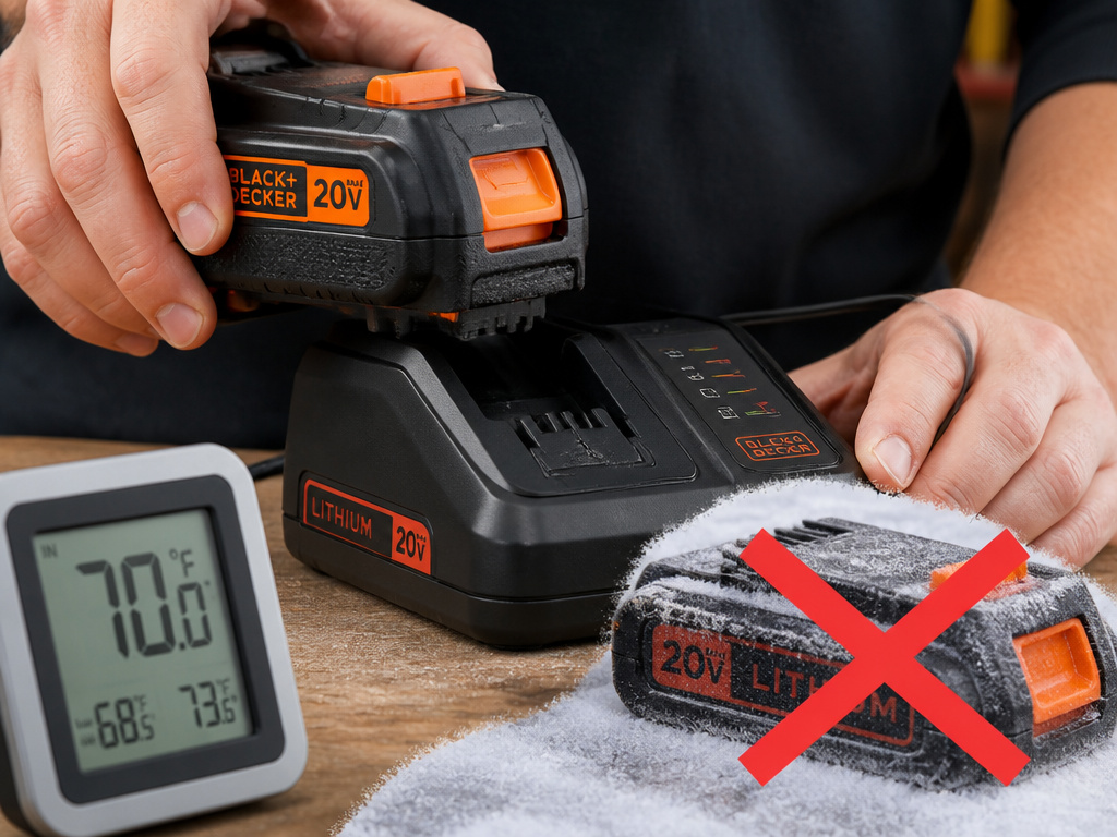 Charging a Black & Decker drill battery correctly at room temperature.
