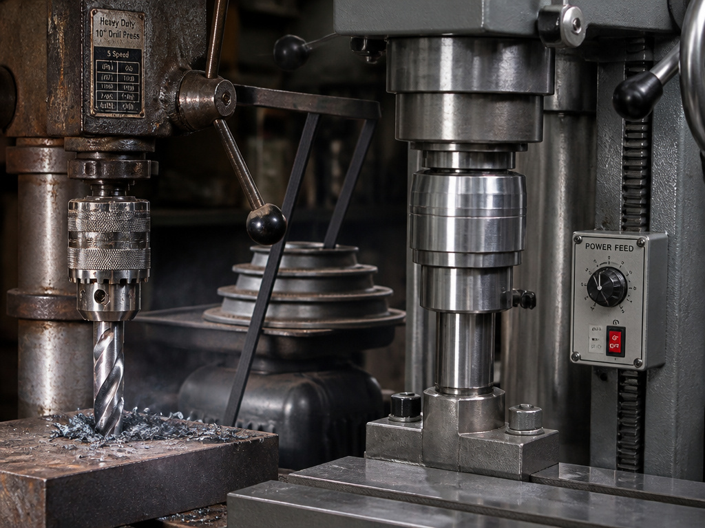 Benchtop versus industrial floor model drill press comparison for metal drilling.