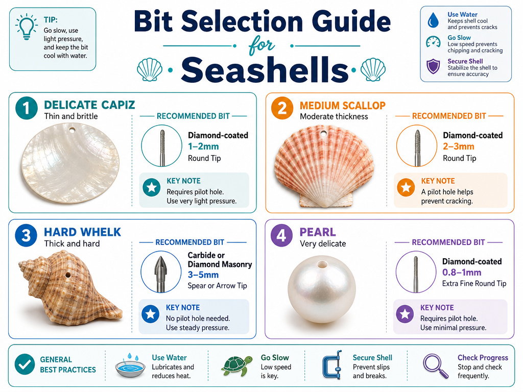 Infographic comparing drill bit types for different seashells like capiz and whelk.