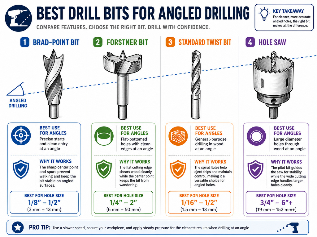 Comparison of drill bit types best suited for drilling angled holes.