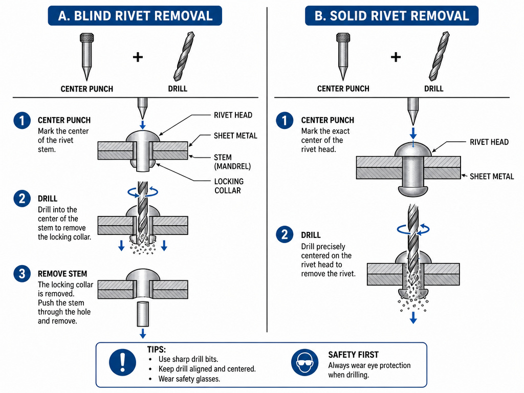 Diagram comparing blind rivet and solid rivet drilling removal procedures.
