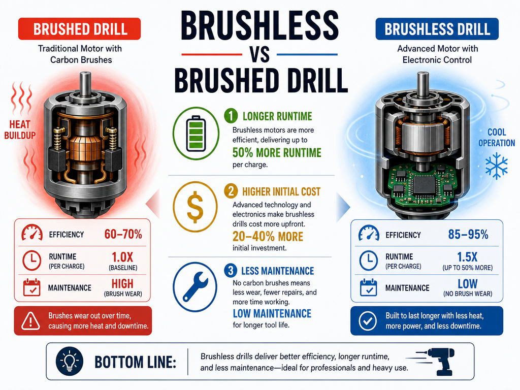 Infographic comparing brushless and brushed drill efficiency, cost, and maintenance.