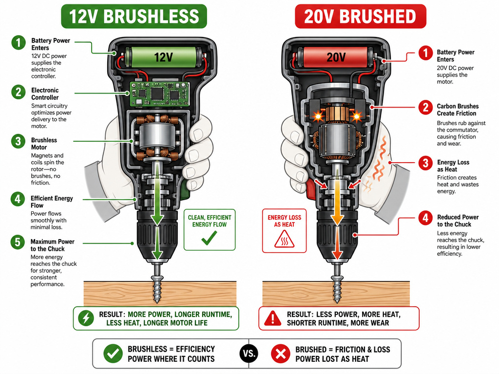 Cross-section diagram comparing efficient 12V brushless vs 20V brushed drill motor