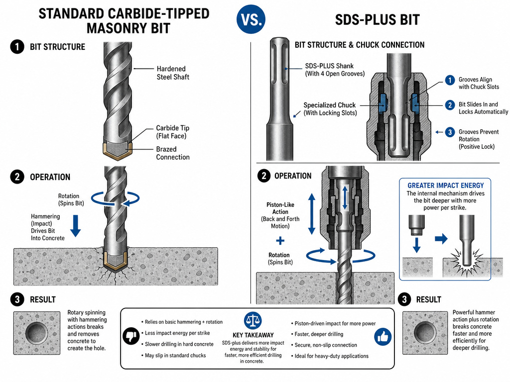Diagram comparing a standard masonry drill bit to an SDS-plus bit for concrete.
