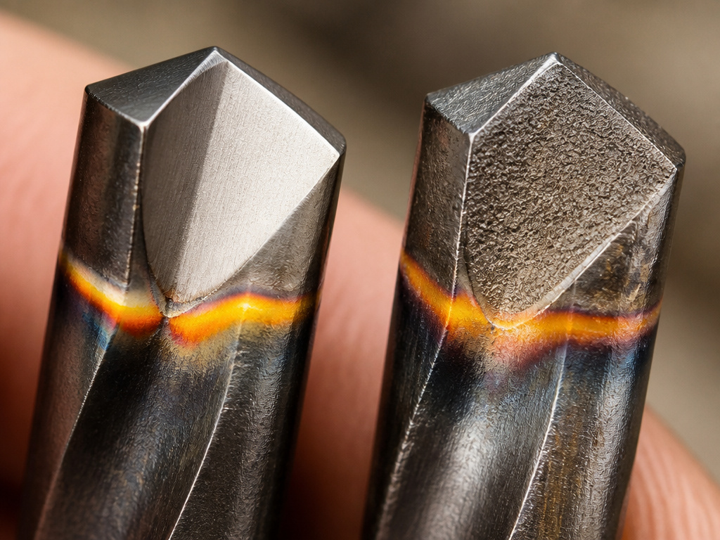Close-up comparing fine-grain versus coarse-grain carbide drill bit tips and brazed joint.